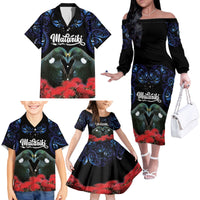 New Zealand Maori Matariki Family Matching Off The Shoulder Long Sleeve Dress and Hawaiian Shirt Hongi Tui Bird Pohutukawa and Polynesia Tribal LT03 - Polynesian Pride