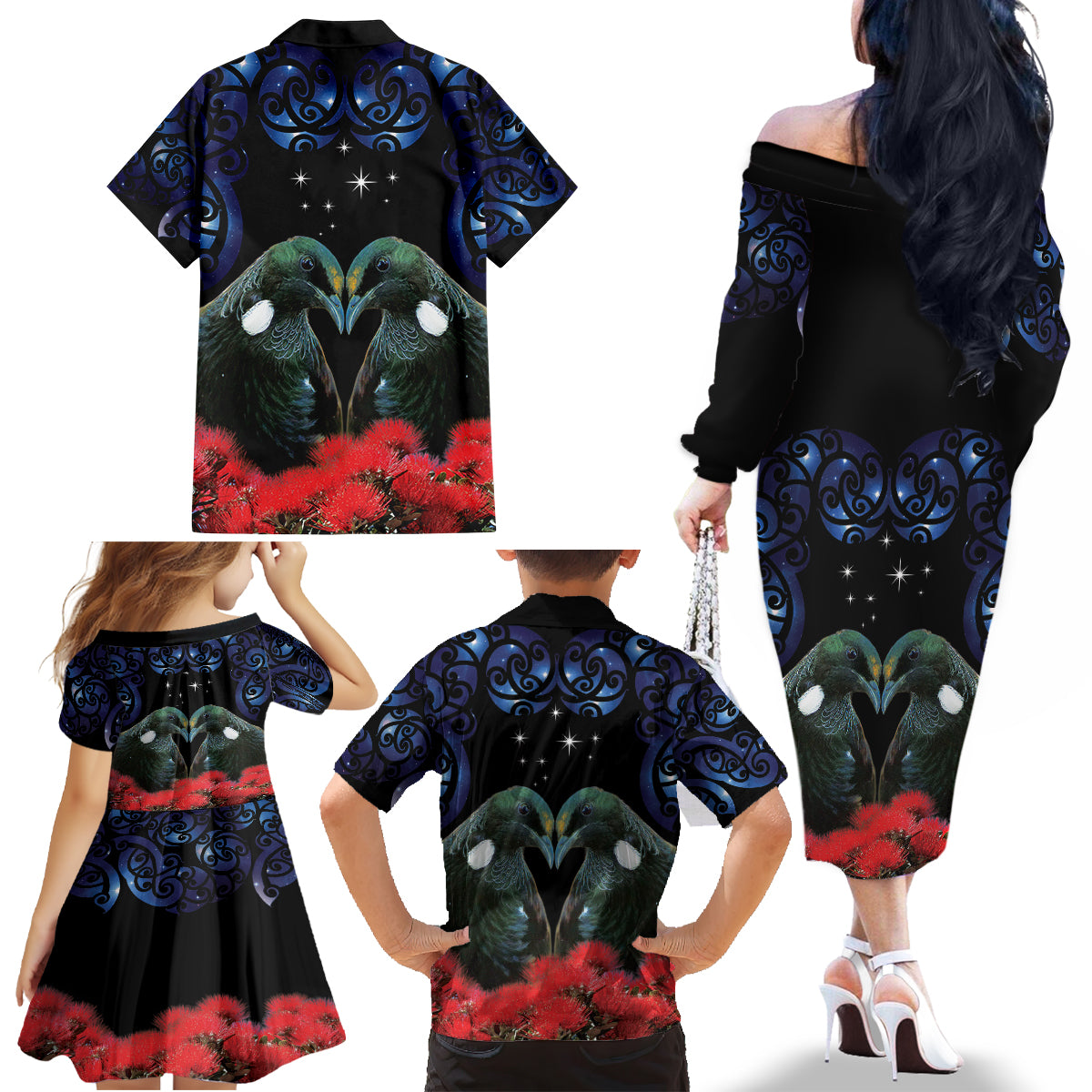 New Zealand Maori Matariki Family Matching Off The Shoulder Long Sleeve Dress and Hawaiian Shirt Hongi Tui Bird Pohutukawa and Polynesia Tribal LT03 - Polynesian Pride