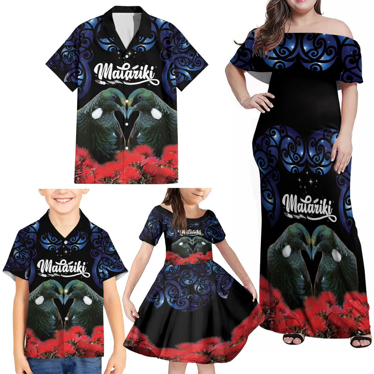 New Zealand Maori Matariki Family Matching Off Shoulder Maxi Dress and Hawaiian Shirt Hongi Tui Bird Pohutukawa and Polynesia Tribal LT03 - Polynesian Pride