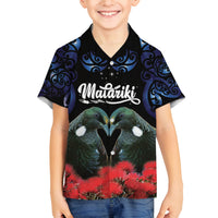 New Zealand Maori Matariki Family Matching Off Shoulder Maxi Dress and Hawaiian Shirt Hongi Tui Bird Pohutukawa and Polynesia Tribal LT03 Son's Shirt Black - Polynesian Pride