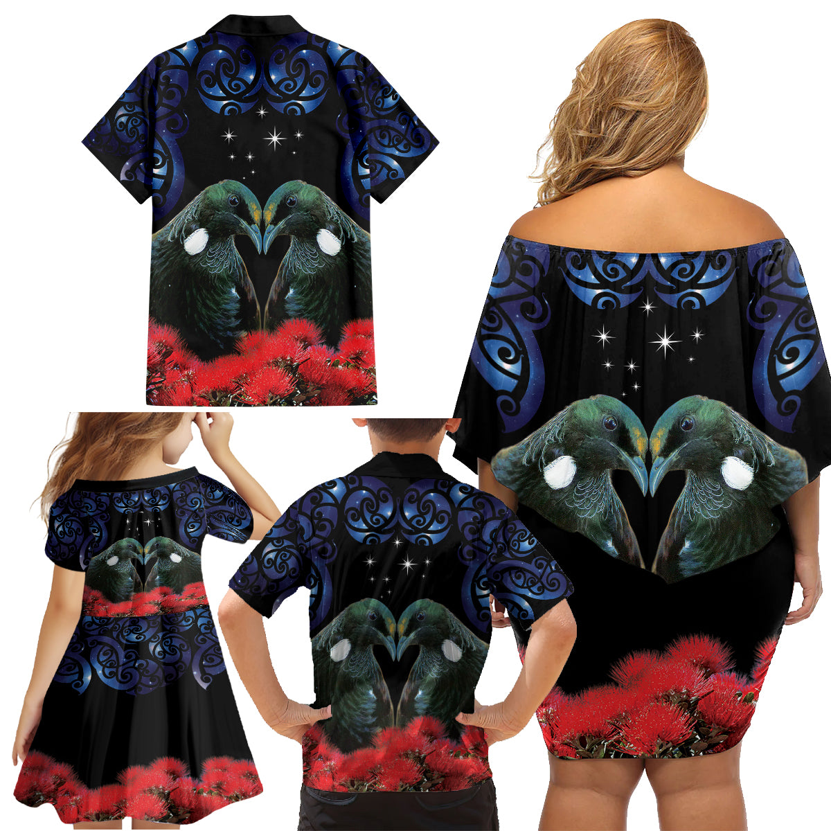 New Zealand Maori Matariki Family Matching Off Shoulder Short Dress and Hawaiian Shirt Hongi Tui Bird Pohutukawa and Polynesia Tribal LT03 - Polynesian Pride