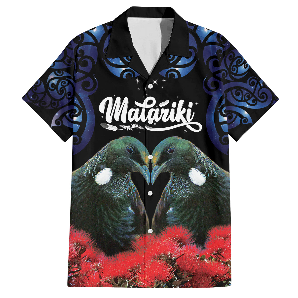 New Zealand Maori Matariki Family Matching Off Shoulder Short Dress and Hawaiian Shirt Hongi Tui Bird Pohutukawa and Polynesia Tribal LT03 Dad's Shirt - Short Sleeve Black - Polynesian Pride