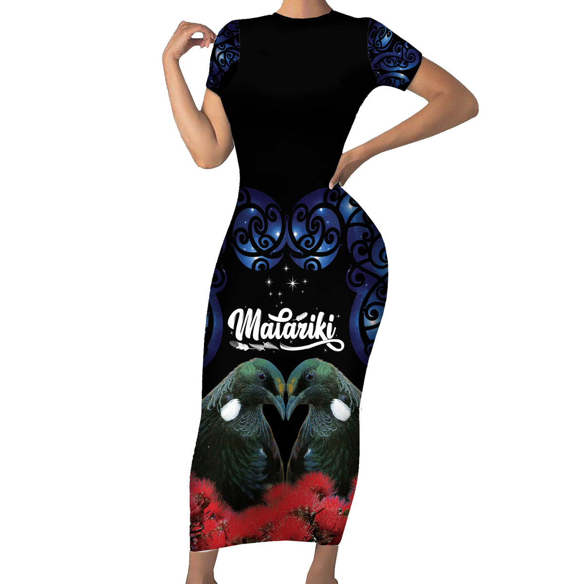New Zealand Maori Matariki Family Matching Short Sleeve Bodycon Dress and Hawaiian Shirt Hongi Tui Bird Pohutukawa and Polynesia Tribal LT03 Mom's Dress Black - Polynesian Pride