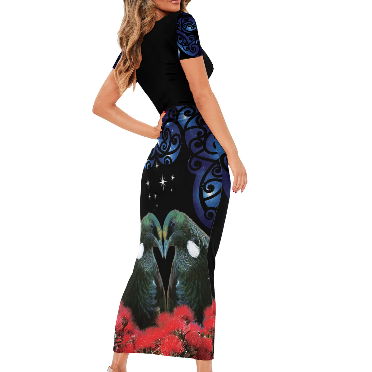 New Zealand Maori Matariki Family Matching Short Sleeve Bodycon Dress and Hawaiian Shirt Hongi Tui Bird Pohutukawa and Polynesia Tribal LT03 - Polynesian Pride