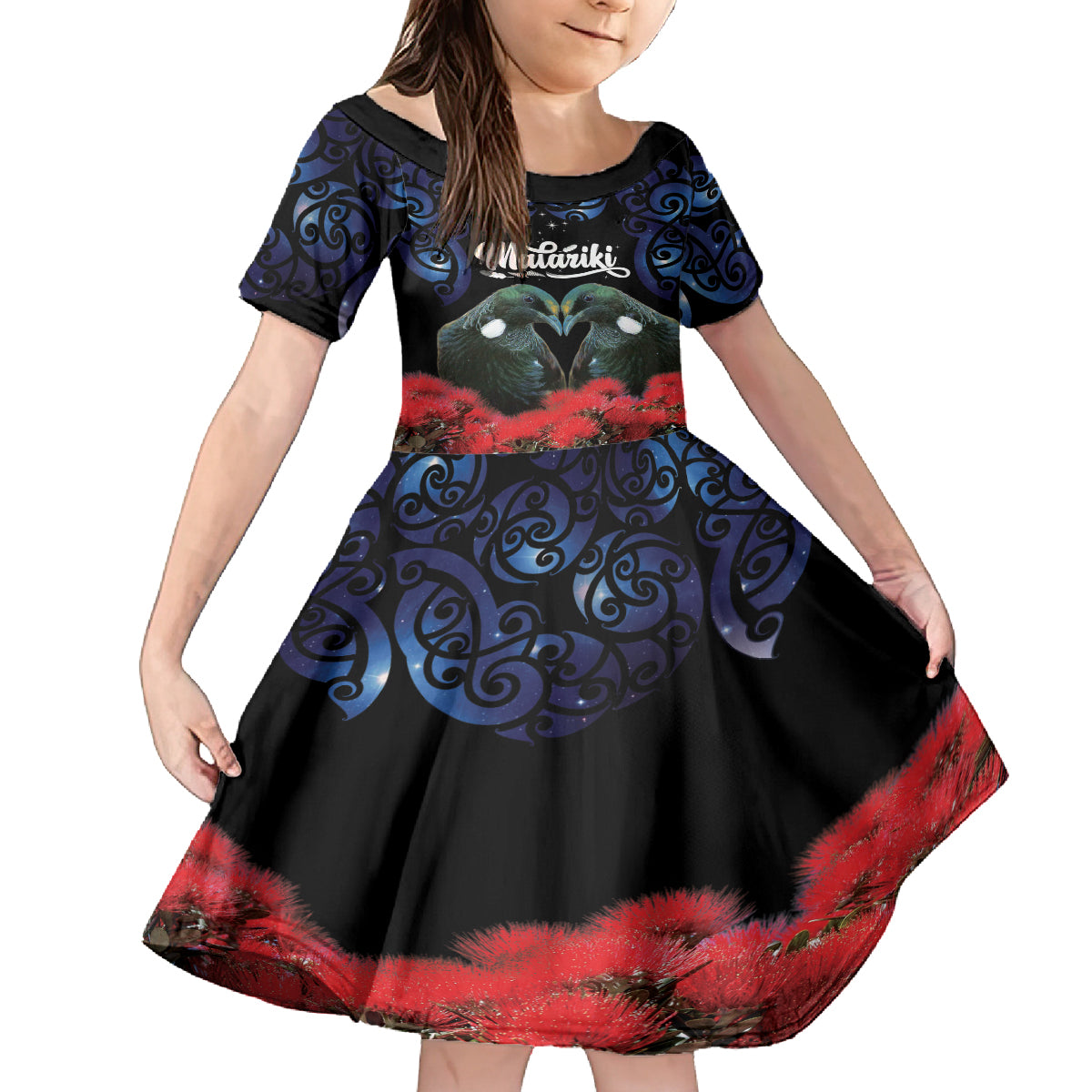 New Zealand Maori Matariki Family Matching Summer Maxi Dress and Hawaiian Shirt Hongi Tui Bird Pohutukawa and Polynesia Tribal LT03 Daughter's Dress Black - Polynesian Pride