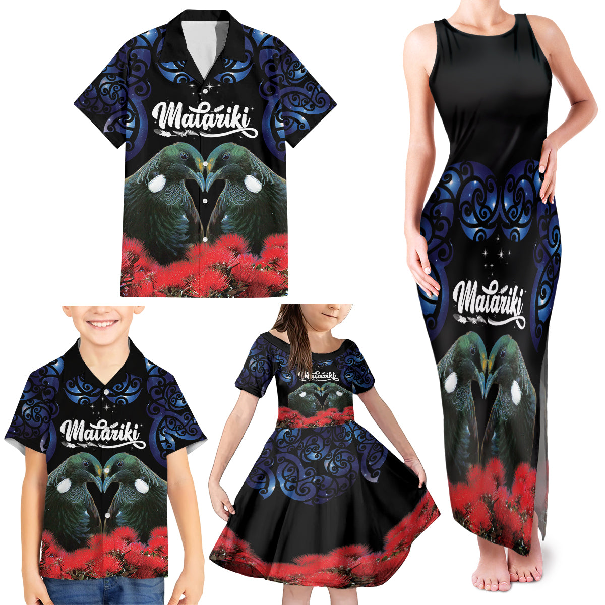 New Zealand Maori Matariki Family Matching Tank Maxi Dress and Hawaiian Shirt Hongi Tui Bird Pohutukawa and Polynesia Tribal LT03 - Polynesian Pride