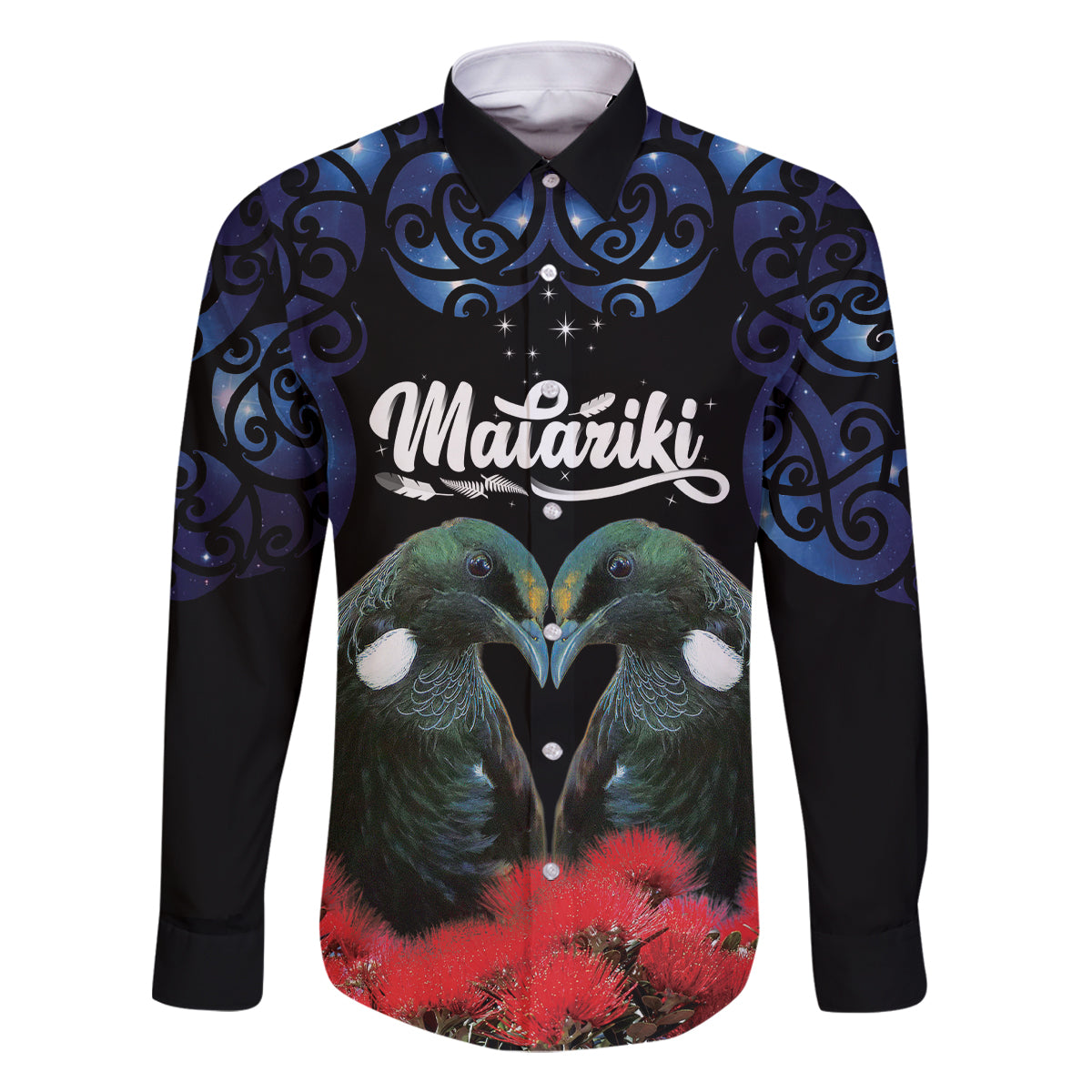 New Zealand Maori Matariki Family Matching Tank Maxi Dress and Hawaiian Shirt Hongi Tui Bird Pohutukawa and Polynesia Tribal LT03 Dad's Shirt - Long Sleeve Black - Polynesian Pride
