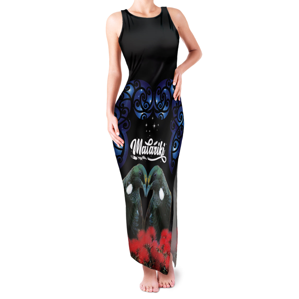 New Zealand Maori Matariki Family Matching Tank Maxi Dress and Hawaiian Shirt Hongi Tui Bird Pohutukawa and Polynesia Tribal LT03 Mom's Dress Black - Polynesian Pride