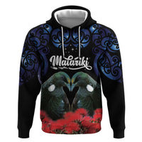 New Zealand Maori Matariki Hoodie Hongi Tui Bird Pohutukawa and Polynesia Tribal LT03 Pullover Hoodie Black - Polynesian Pride