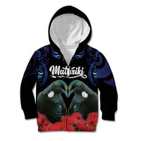 New Zealand Maori Matariki Kid Hoodie Hongi Tui Bird Pohutukawa and Polynesia Tribal LT03 Zip Hoodie Black - Polynesian Pride