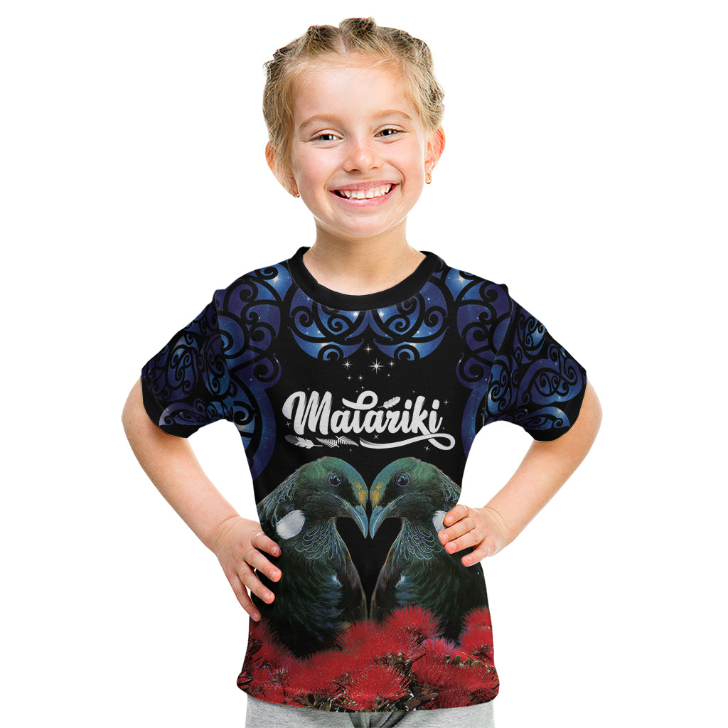 New Zealand Maori Matariki Kid T Shirt Hongi Tui Bird Pohutukawa and Polynesia Tribal LT03 Black - Polynesian Pride