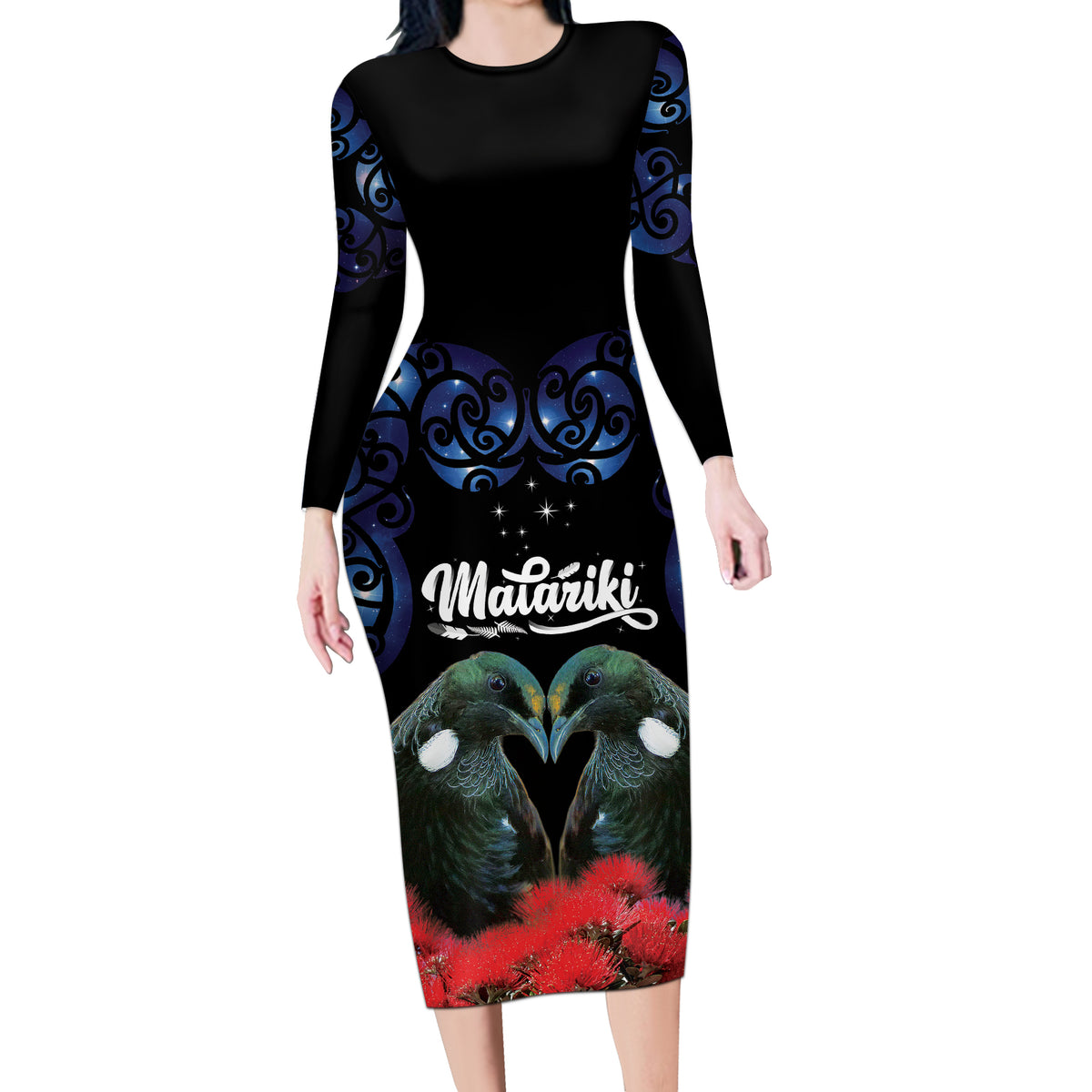 New Zealand Maori Matariki Long Sleeve Bodycon Dress Hongi Tui Bird Pohutukawa and Polynesia Tribal LT03 Long Dress Black - Polynesian Pride