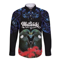 New Zealand Maori Matariki Long Sleeve Button Shirt Hongi Tui Bird Pohutukawa and Polynesia Tribal LT03 Unisex Black - Polynesian Pride
