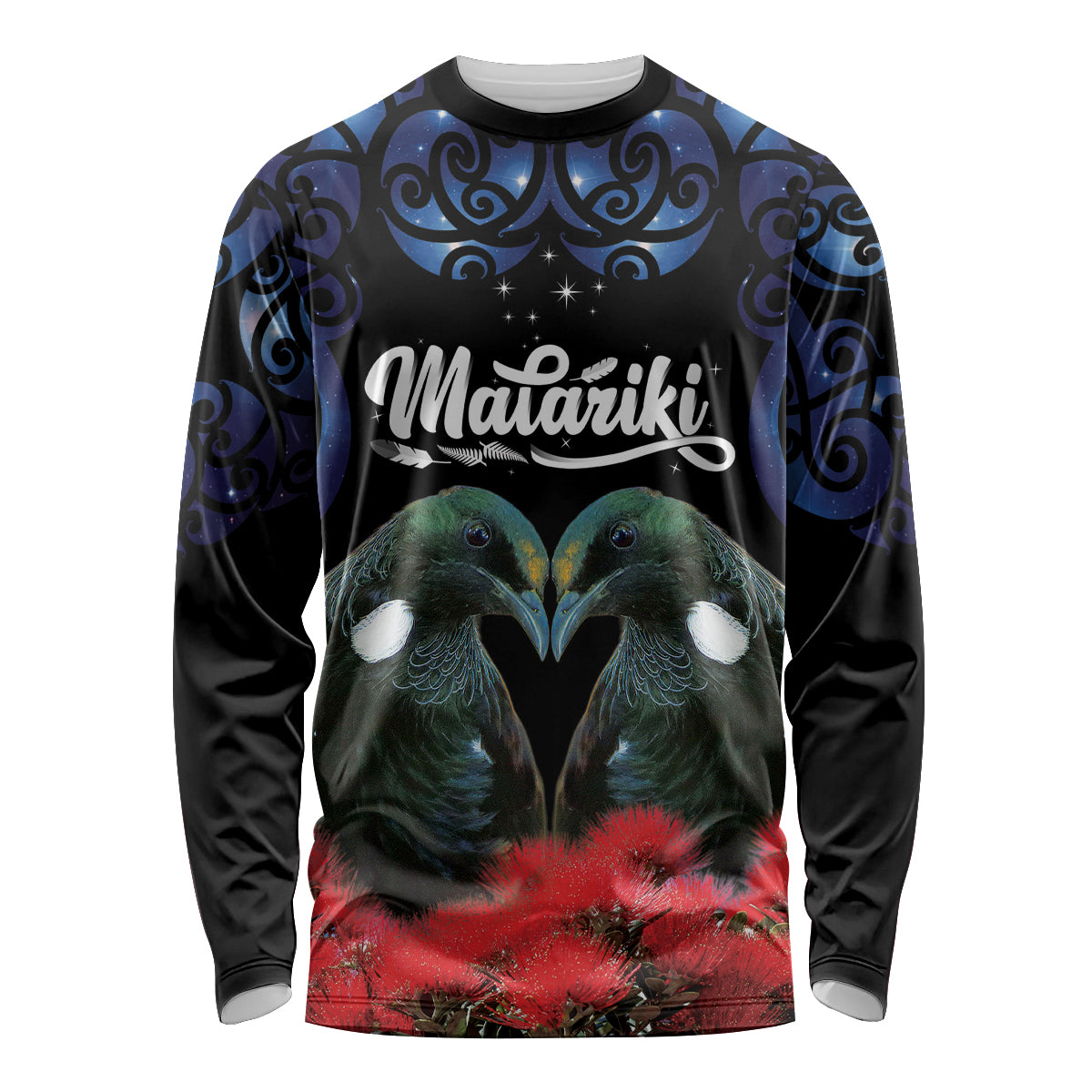 New Zealand Maori Matariki Long Sleeve Shirt Hongi Tui Bird Pohutukawa and Polynesia Tribal LT03 Unisex Black - Polynesian Pride