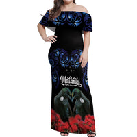 New Zealand Maori Matariki Off Shoulder Maxi Dress Hongi Tui Bird Pohutukawa and Polynesia Tribal LT03 Women Black - Polynesian Pride