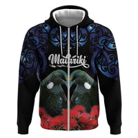 New Zealand Maori Matariki Zip Hoodie Hongi Tui Bird Pohutukawa and Polynesia Tribal LT03 Zip Hoodie Black - Polynesian Pride
