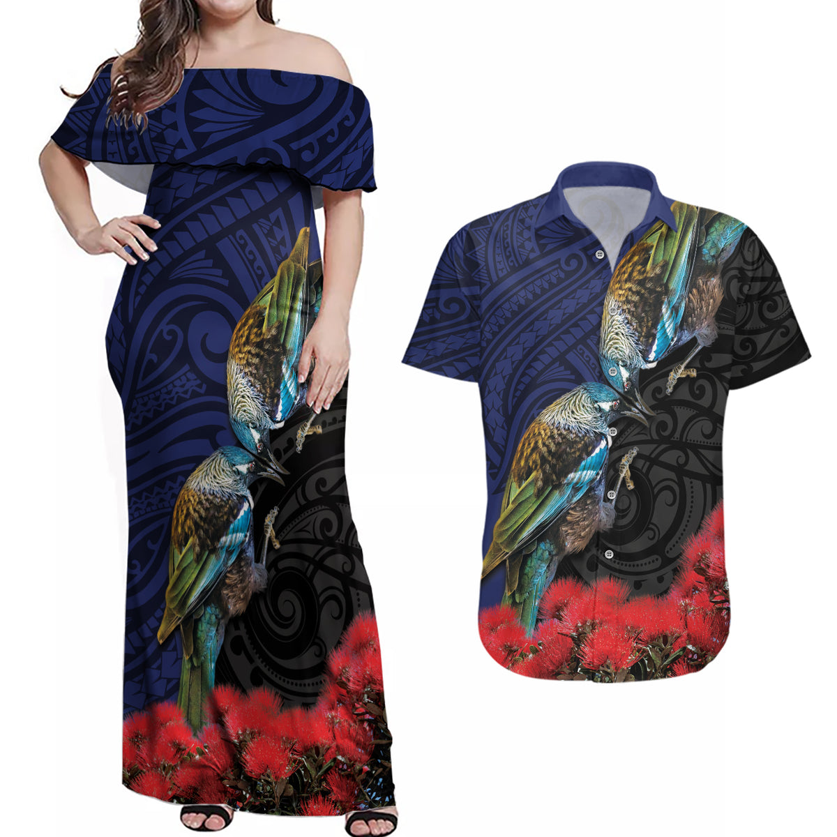 New Zealand Maori Hongi Culture Couples Matching Off Shoulder Maxi Dress and Hawaiian Shirt Tui Bird Pohutukawa and Polynesian Pattern LT03 Blue - Polynesian Pride