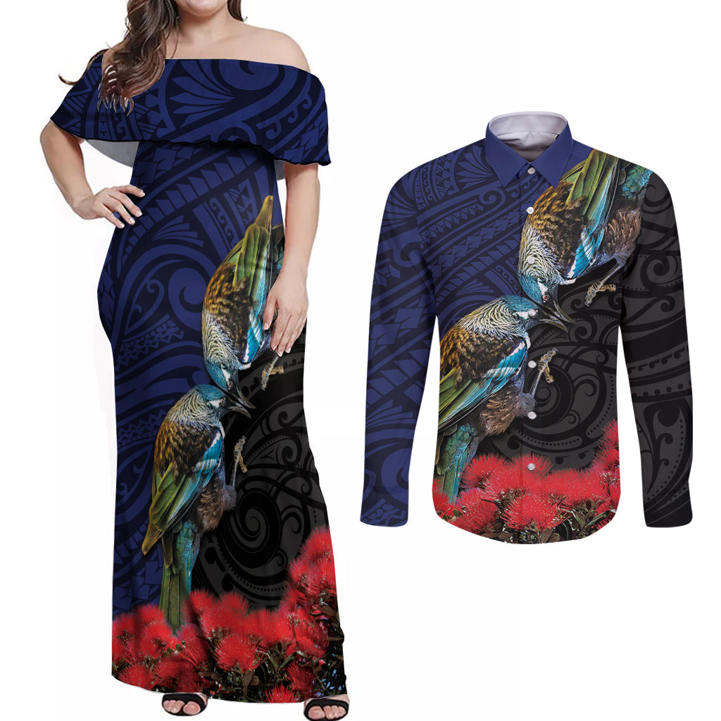 New Zealand Maori Hongi Culture Couples Matching Off Shoulder Maxi Dress and Long Sleeve Button Shirt Tui Bird Pohutukawa and Polynesian Pattern