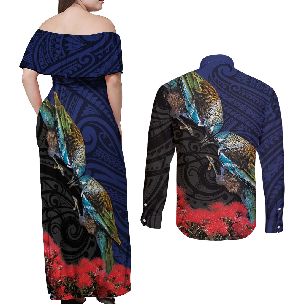 New Zealand Maori Hongi Culture Couples Matching Off Shoulder Maxi Dress and Long Sleeve Button Shirt Tui Bird Pohutukawa and Polynesian Pattern LT03 - Polynesian Pride