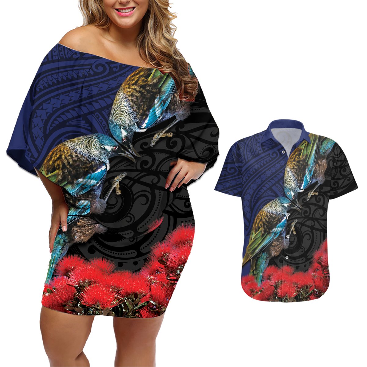 New Zealand Maori Hongi Culture Couples Matching Off Shoulder Short Dress and Hawaiian Shirt Tui Bird Pohutukawa and Polynesian Pattern