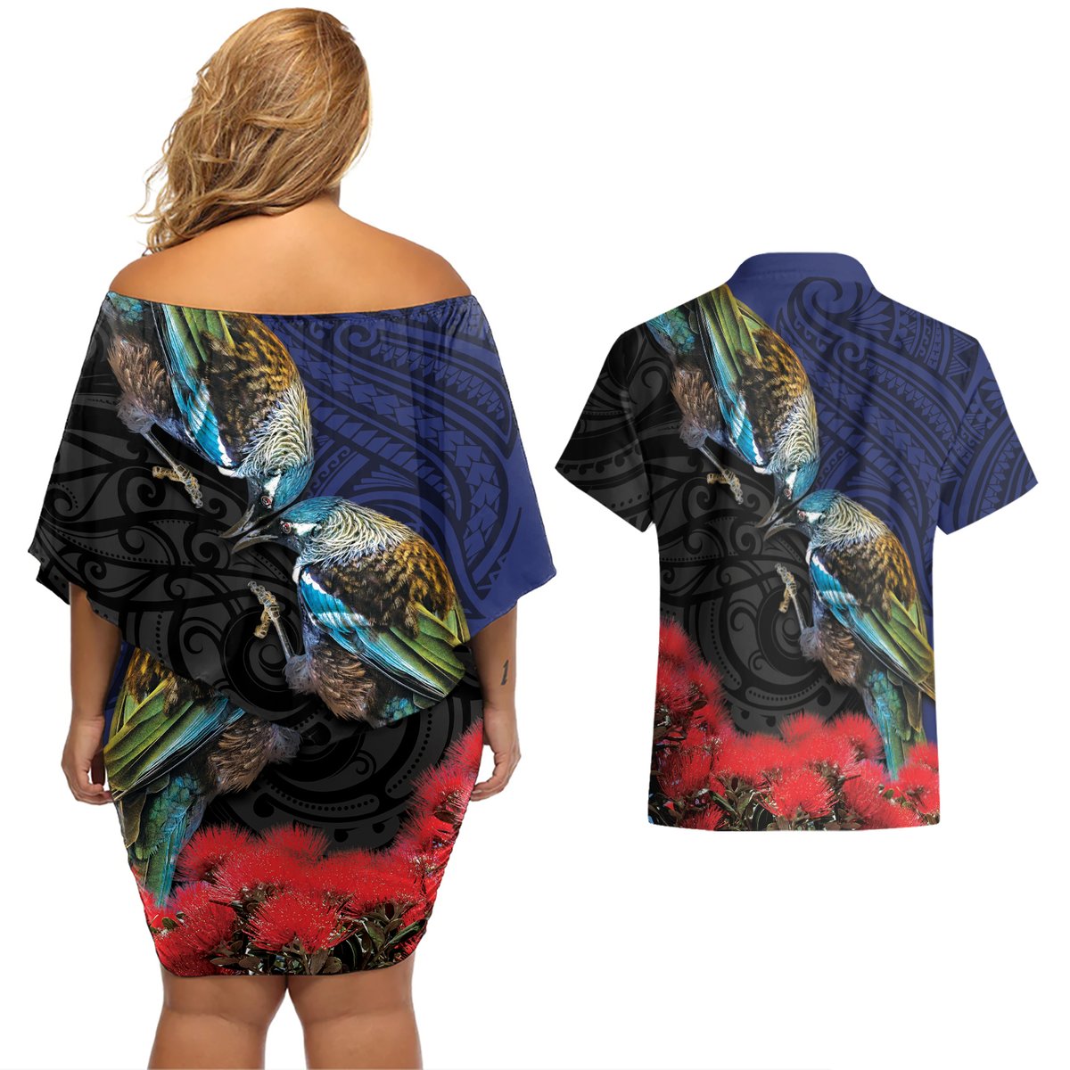New Zealand Maori Hongi Culture Couples Matching Off Shoulder Short Dress and Hawaiian Shirt Tui Bird Pohutukawa and Polynesian Pattern LT03 - Polynesian Pride