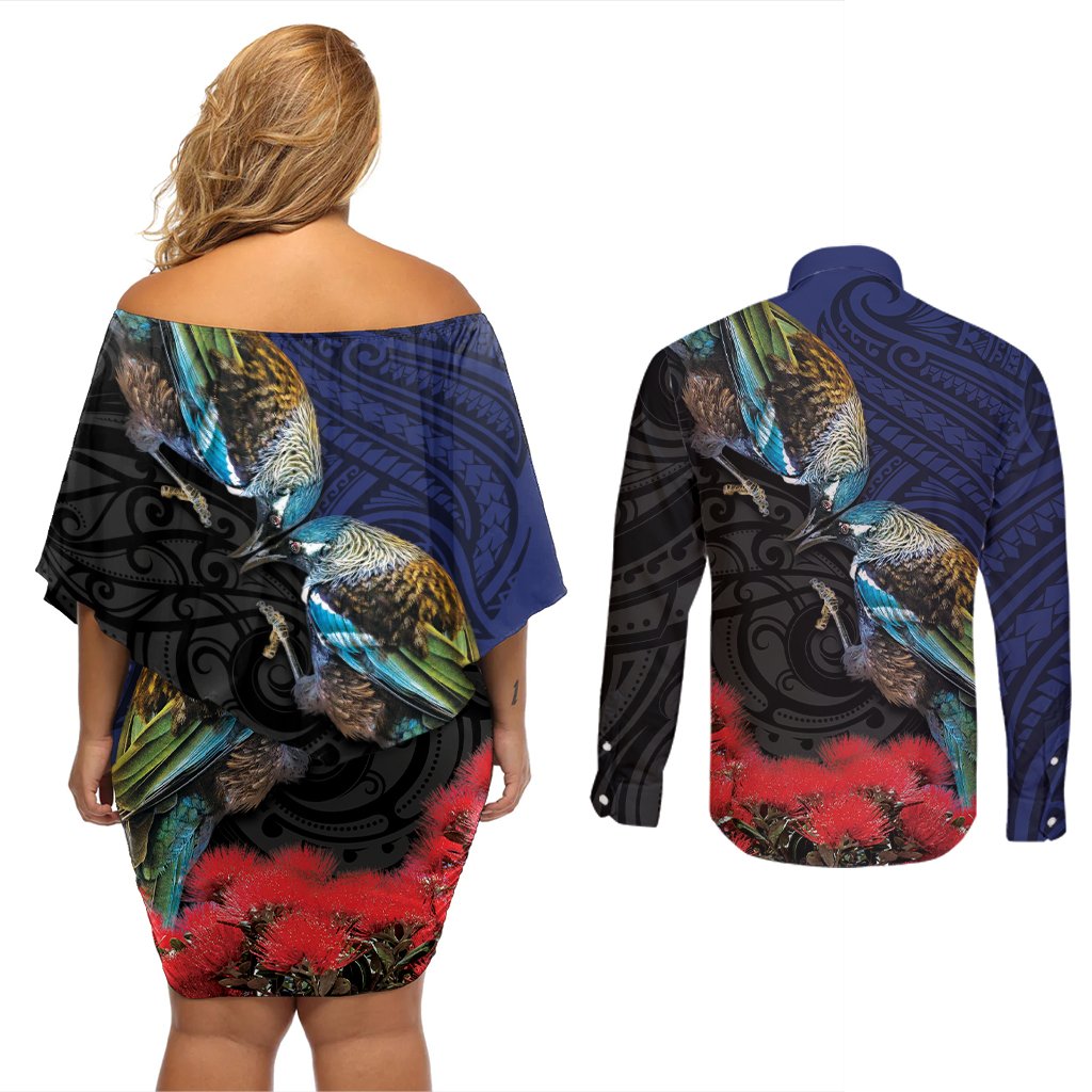 New Zealand Maori Hongi Culture Couples Matching Off Shoulder Short Dress and Long Sleeve Button Shirt Tui Bird Pohutukawa and Polynesian Pattern LT03 - Polynesian Pride