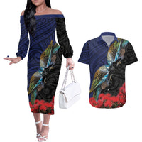 New Zealand Maori Hongi Culture Couples Matching Off The Shoulder Long Sleeve Dress and Hawaiian Shirt Tui Bird Pohutukawa and Polynesian Pattern LT03 Blue - Polynesian Pride