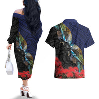 New Zealand Maori Hongi Culture Couples Matching Off The Shoulder Long Sleeve Dress and Hawaiian Shirt Tui Bird Pohutukawa and Polynesian Pattern LT03 - Polynesian Pride