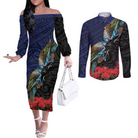 New Zealand Maori Hongi Culture Couples Matching Off The Shoulder Long Sleeve Dress and Long Sleeve Button Shirt Tui Bird Pohutukawa and Polynesian Pattern LT03 Blue - Polynesian Pride