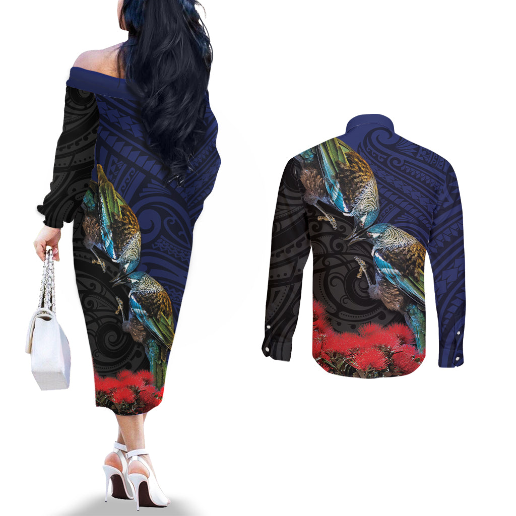 New Zealand Maori Hongi Culture Couples Matching Off The Shoulder Long Sleeve Dress and Long Sleeve Button Shirt Tui Bird Pohutukawa and Polynesian Pattern LT03 - Polynesian Pride