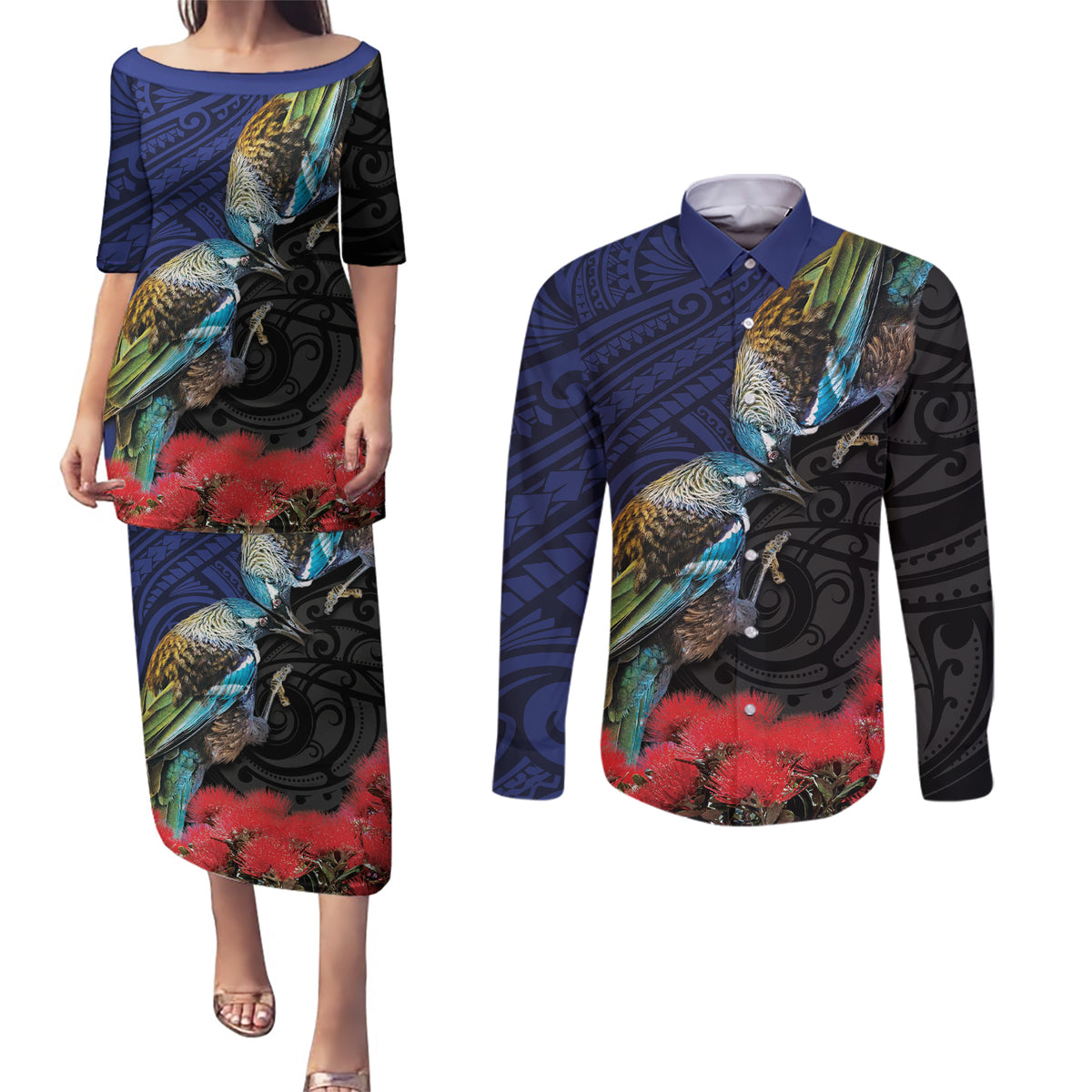 New Zealand Maori Hongi Culture Couples Matching Puletasi and Long Sleeve Button Shirt Tui Bird Pohutukawa and Polynesian Pattern LT03 Blue - Polynesian Pride