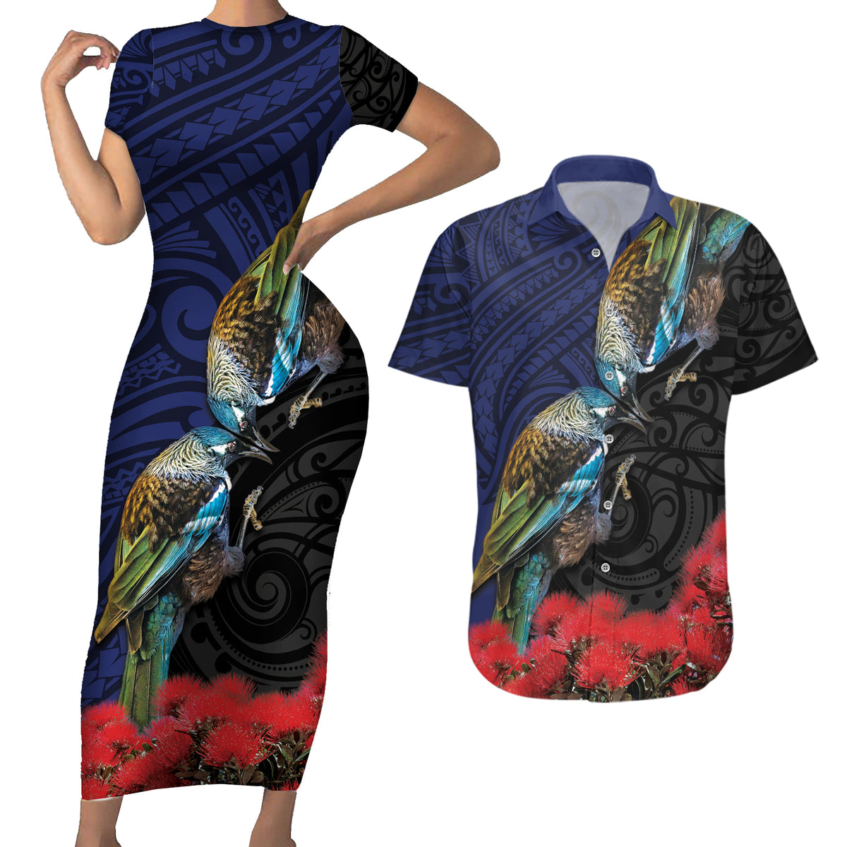 New Zealand Maori Hongi Culture Couples Matching Short Sleeve Bodycon Dress and Hawaiian Shirt Tui Bird Pohutukawa and Polynesian Pattern LT03 Blue - Polynesian Pride