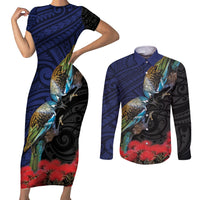 New Zealand Maori Hongi Culture Couples Matching Short Sleeve Bodycon Dress and Long Sleeve Button Shirt Tui Bird Pohutukawa and Polynesian Pattern LT03 Blue - Polynesian Pride