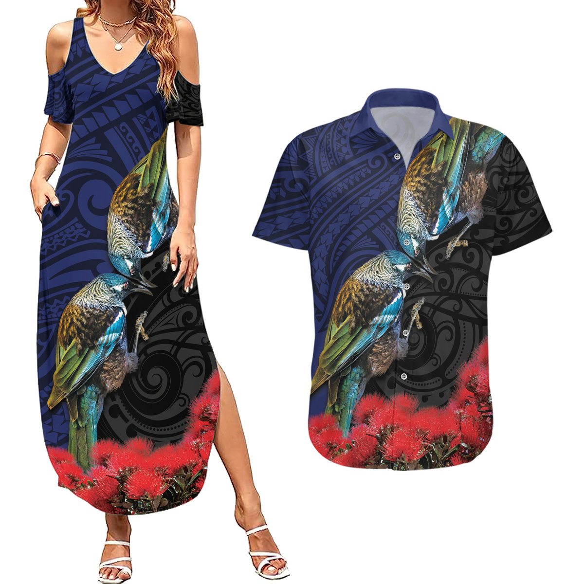 New Zealand Maori Hongi Culture Couples Matching Summer Maxi Dress and Hawaiian Shirt Tui Bird Pohutukawa and Polynesian Pattern LT03 Blue - Polynesian Pride
