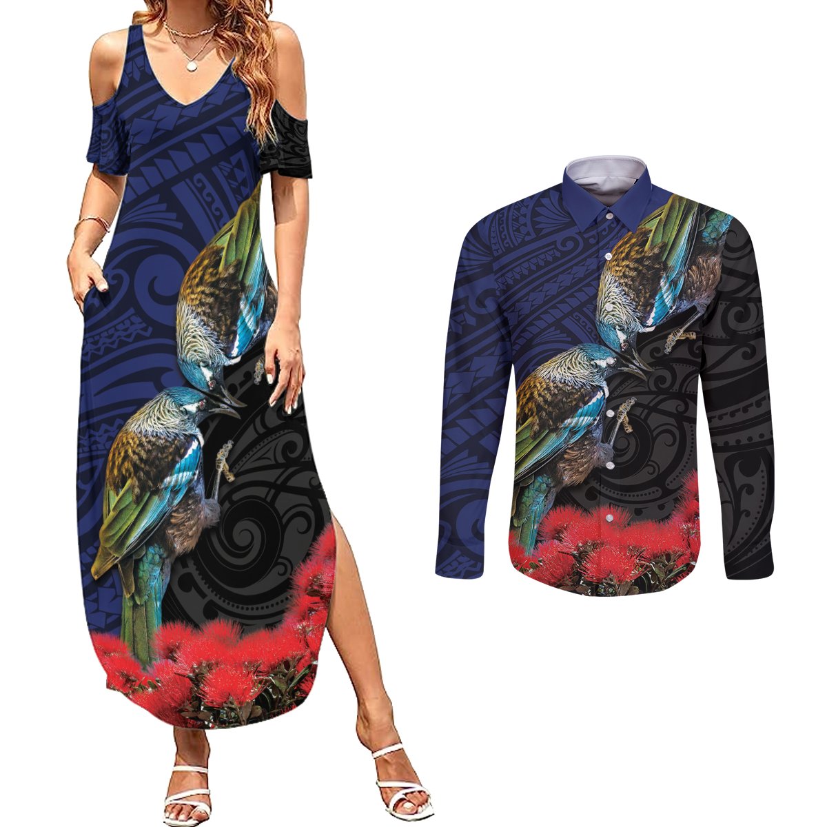New Zealand Maori Hongi Culture Couples Matching Summer Maxi Dress and Long Sleeve Button Shirt Tui Bird Pohutukawa and Polynesian Pattern