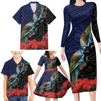 New Zealand Maori Hongi Culture Family Matching Long Sleeve Bodycon Dress and Hawaiian Shirt Tui Bird Pohutukawa and Polynesian Pattern LT03 - Polynesian Pride