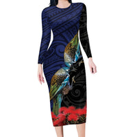 New Zealand Maori Hongi Culture Family Matching Long Sleeve Bodycon Dress and Hawaiian Shirt Tui Bird Pohutukawa and Polynesian Pattern LT03 Mom's Dress Blue - Polynesian Pride