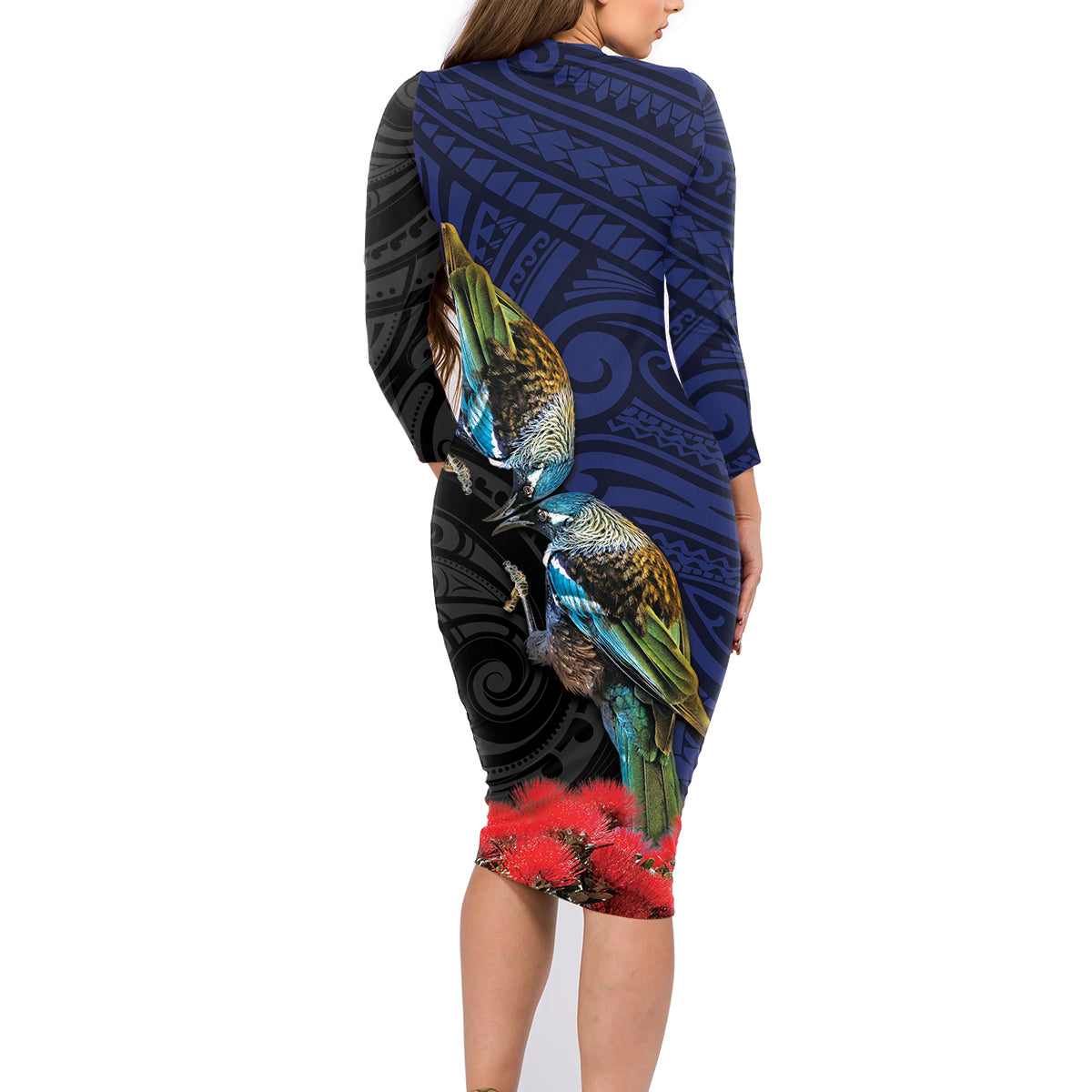New Zealand Maori Hongi Culture Family Matching Long Sleeve Bodycon Dress and Hawaiian Shirt Tui Bird Pohutukawa and Polynesian Pattern LT03 - Polynesian Pride