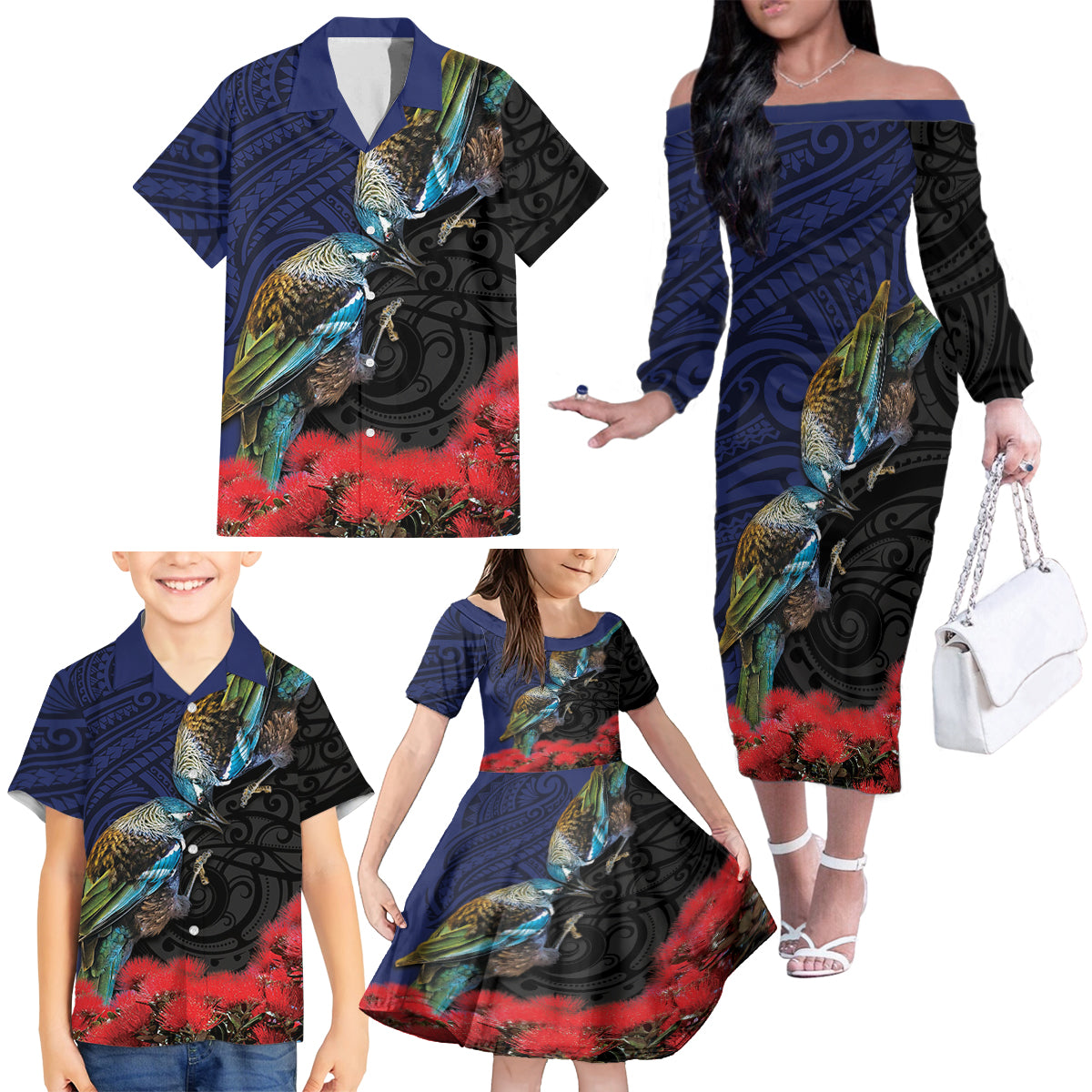 New Zealand Maori Hongi Culture Family Matching Off The Shoulder Long Sleeve Dress and Hawaiian Shirt Tui Bird Pohutukawa and Polynesian Pattern LT03 - Polynesian Pride