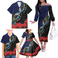 New Zealand Maori Hongi Culture Family Matching Off The Shoulder Long Sleeve Dress and Hawaiian Shirt Tui Bird Pohutukawa and Polynesian Pattern LT03 - Polynesian Pride