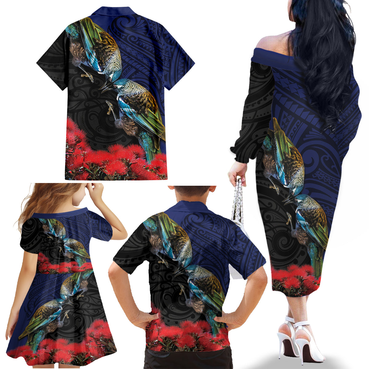 New Zealand Maori Hongi Culture Family Matching Off The Shoulder Long Sleeve Dress and Hawaiian Shirt Tui Bird Pohutukawa and Polynesian Pattern LT03 - Polynesian Pride