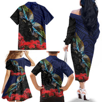 New Zealand Maori Hongi Culture Family Matching Off The Shoulder Long Sleeve Dress and Hawaiian Shirt Tui Bird Pohutukawa and Polynesian Pattern LT03 - Polynesian Pride