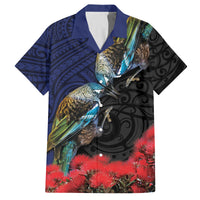 New Zealand Maori Hongi Culture Family Matching Off The Shoulder Long Sleeve Dress and Hawaiian Shirt Tui Bird Pohutukawa and Polynesian Pattern LT03 Dad's Shirt - Short Sleeve Blue - Polynesian Pride