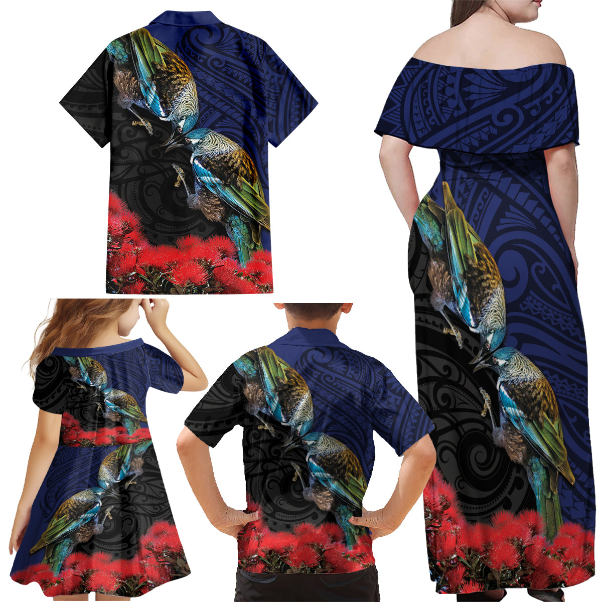 New Zealand Maori Hongi Culture Family Matching Off Shoulder Maxi Dress and Hawaiian Shirt Tui Bird Pohutukawa and Polynesian Pattern LT03 - Polynesian Pride