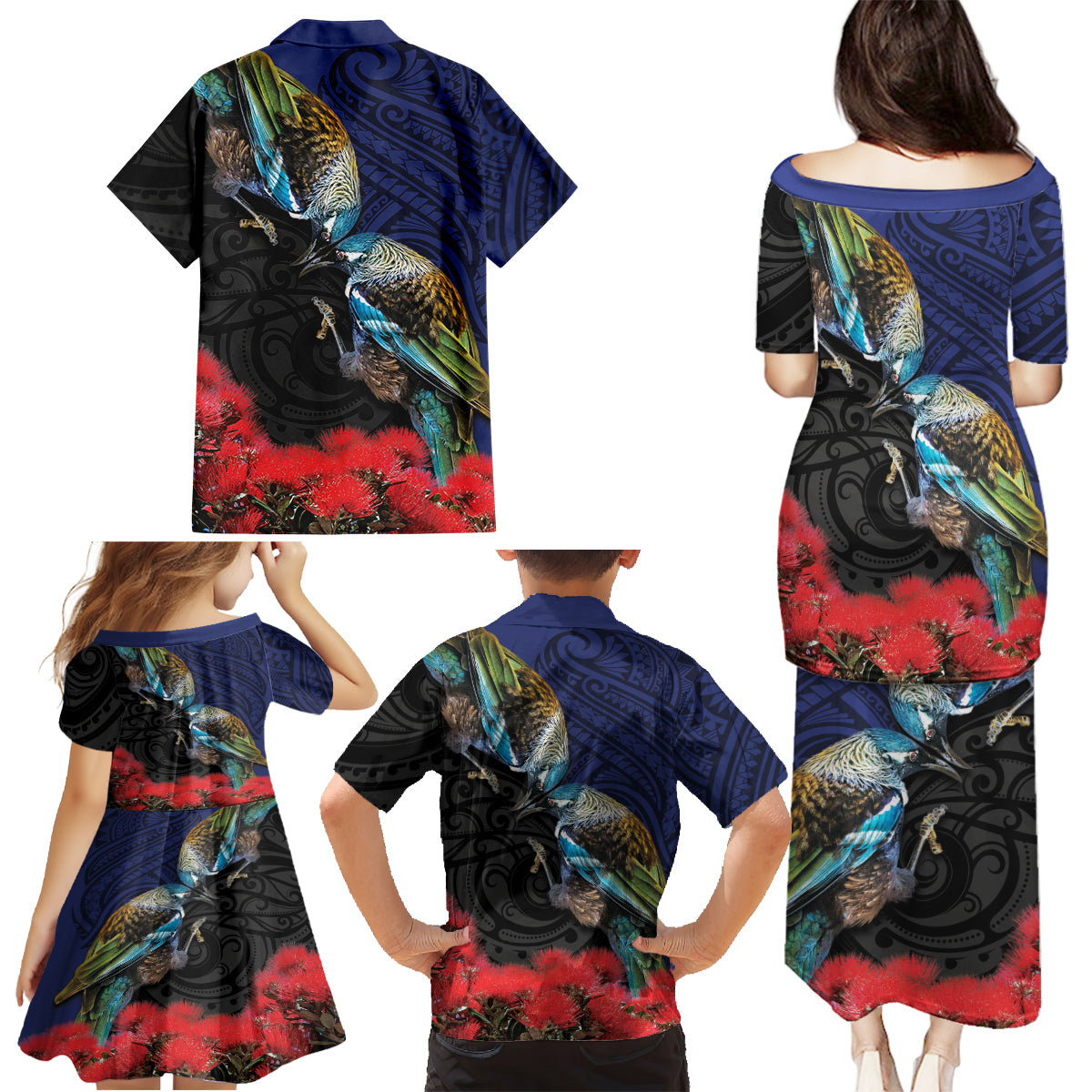 New Zealand Maori Hongi Culture Family Matching Puletasi and Hawaiian Shirt Tui Bird Pohutukawa and Polynesian Pattern LT03 - Polynesian Pride