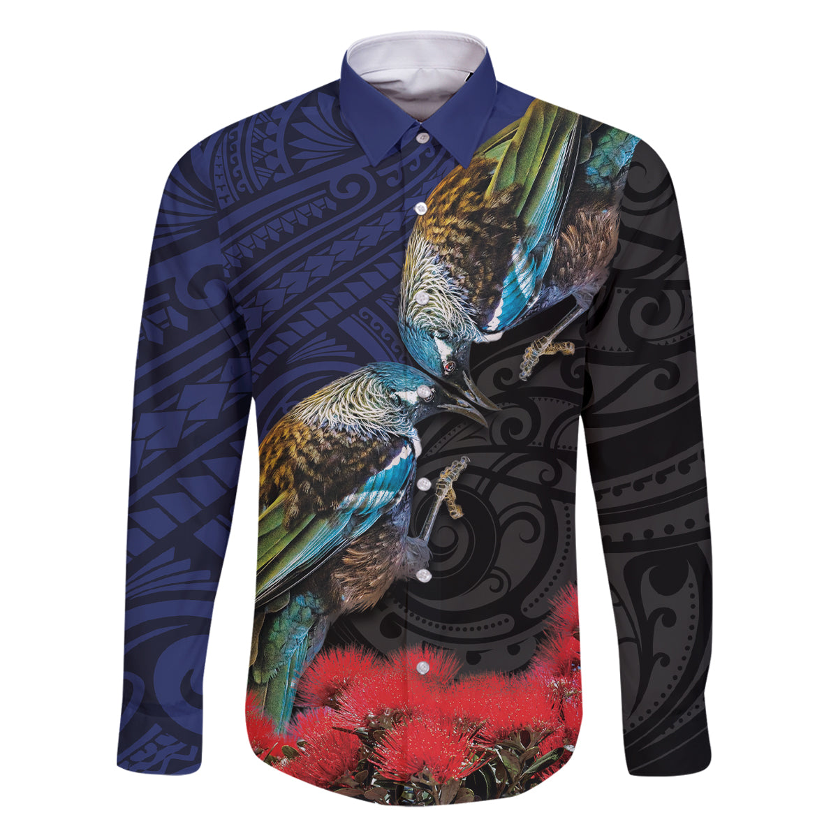 New Zealand Maori Hongi Culture Family Matching Puletasi and Hawaiian Shirt Tui Bird Pohutukawa and Polynesian Pattern LT03 Dad's Shirt - Long Sleeve Blue - Polynesian Pride
