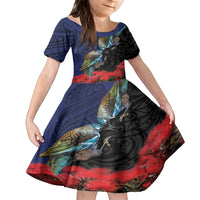 New Zealand Maori Hongi Culture Family Matching Summer Maxi Dress and Hawaiian Shirt Tui Bird Pohutukawa and Polynesian Pattern LT03 Daughter's Dress Blue - Polynesian Pride