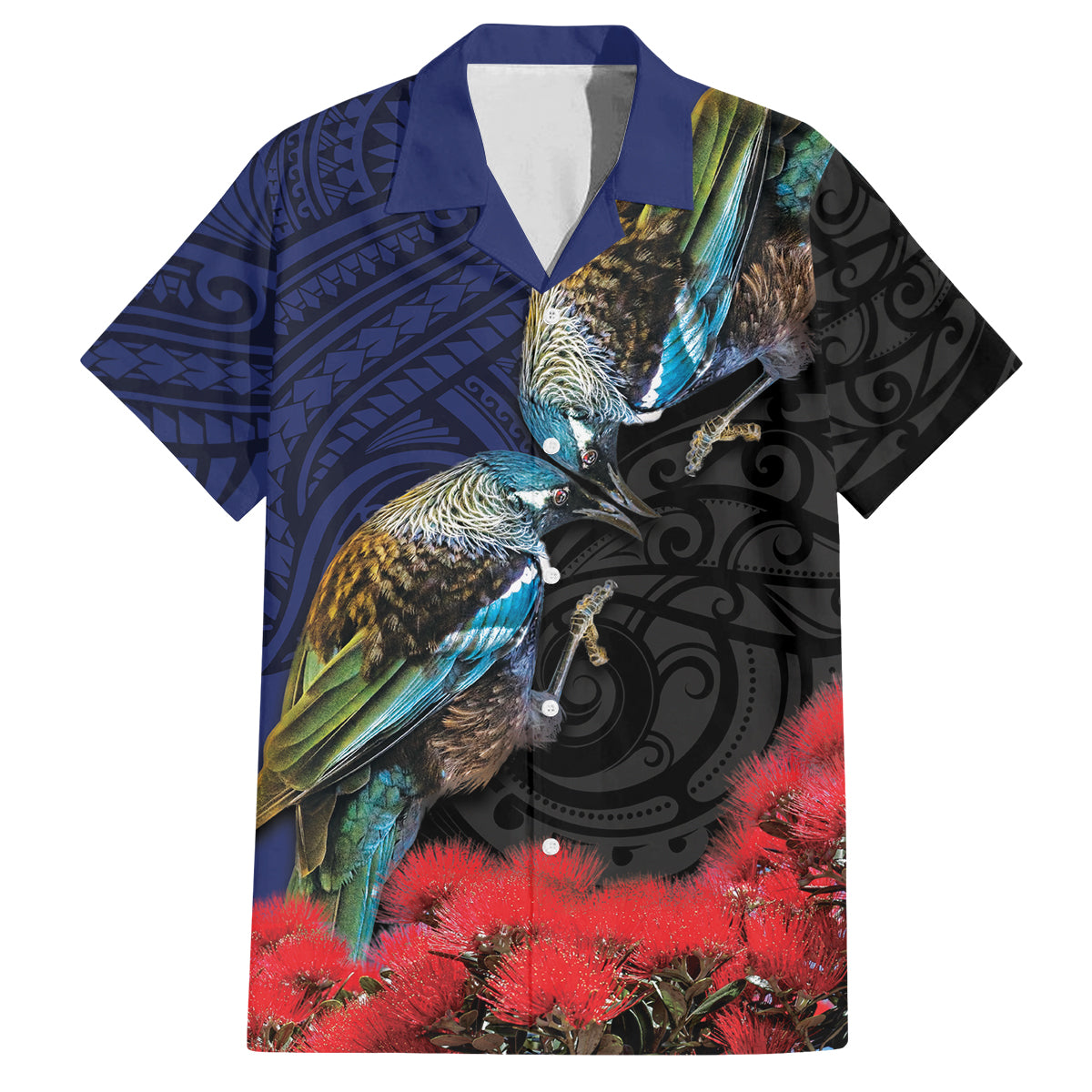 New Zealand Maori Hongi Culture Family Matching Tank Maxi Dress and Hawaiian Shirt Tui Bird Pohutukawa and Polynesian Pattern LT03 Dad's Shirt - Short Sleeve Blue - Polynesian Pride