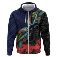 New Zealand Maori Hongi Culture Hoodie Tui Bird Pohutukawa and Polynesian Pattern LT03 Zip Hoodie Blue - Polynesian Pride