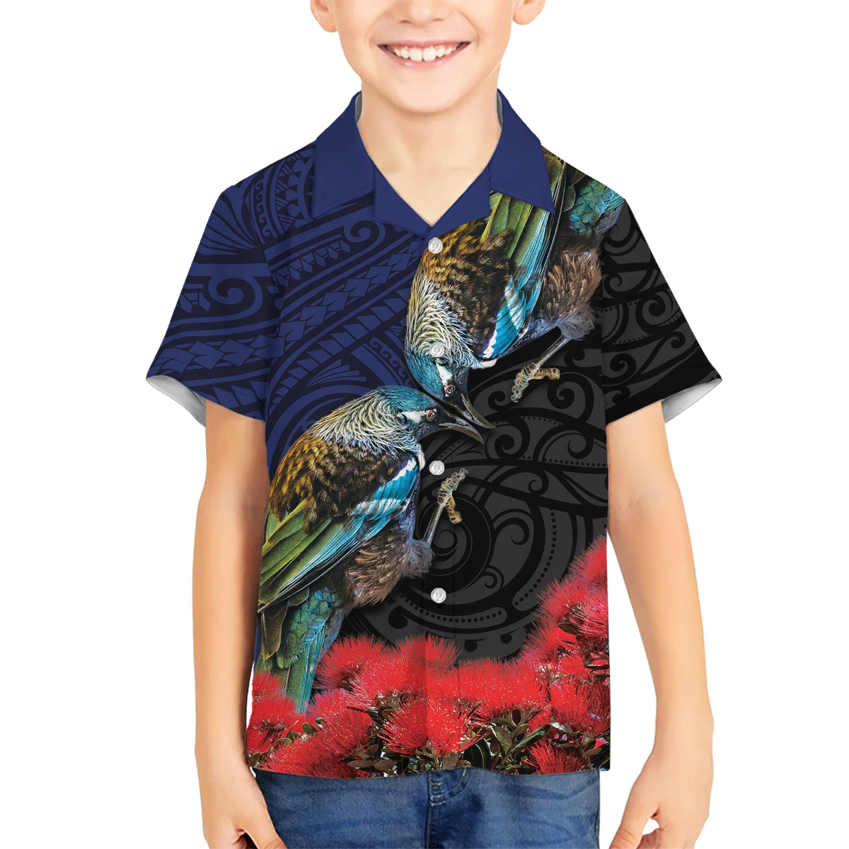 New Zealand Maori Hongi Culture Kid Hawaiian Shirt Tui Bird Pohutukawa and Polynesian Pattern LT03 Kid Blue - Polynesian Pride